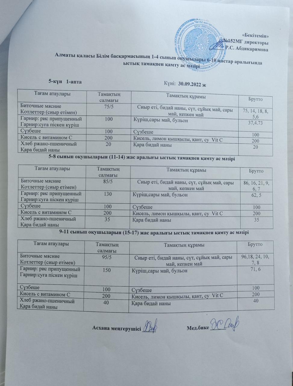 Ас мәзірі (30.09.2022)